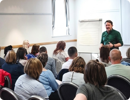 A trainer presenting to a room of seated attendees