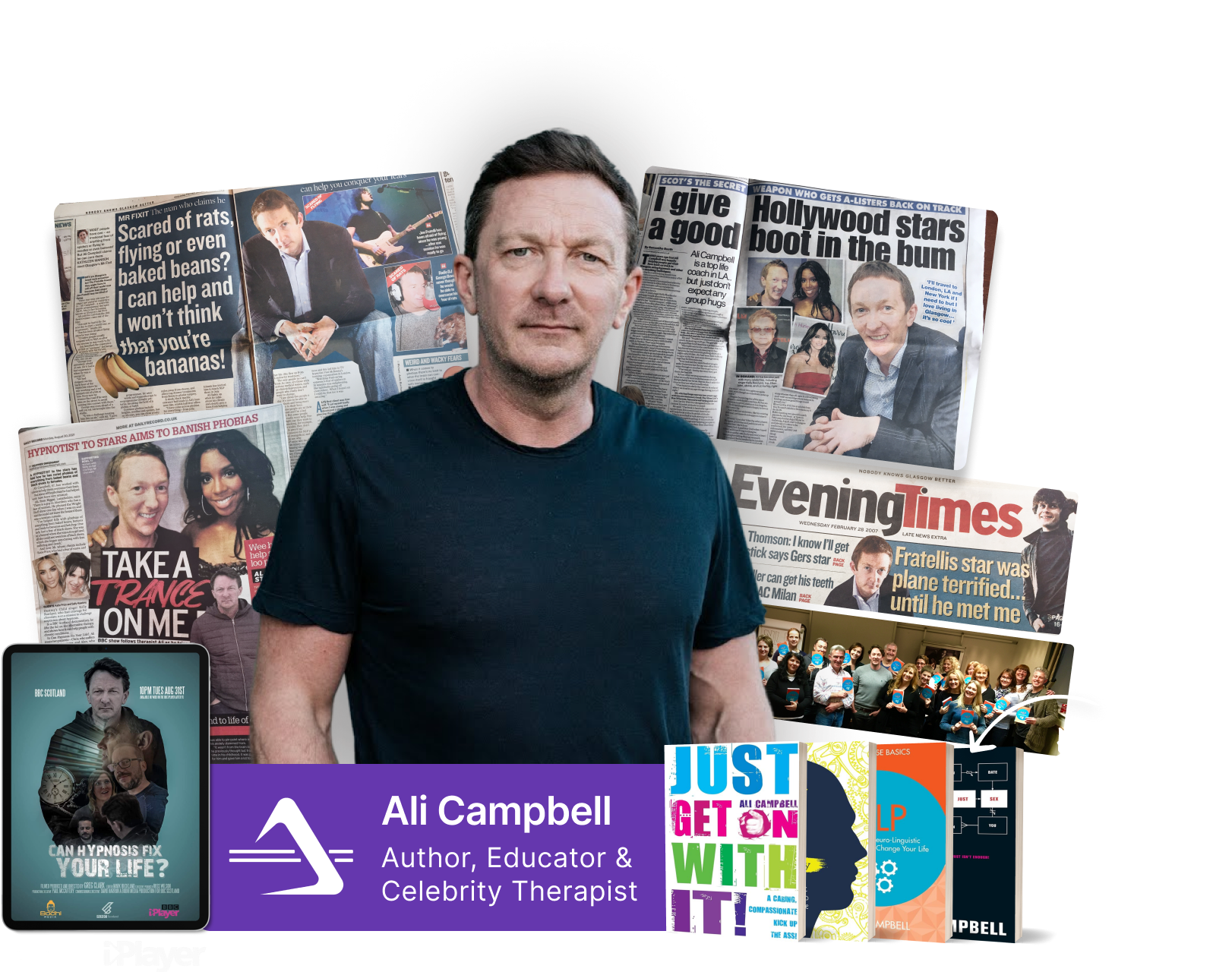 Ali Campbell surrounded by press features from the BBC, Vogue and Evening Times, alongside his best-selling Hay House books